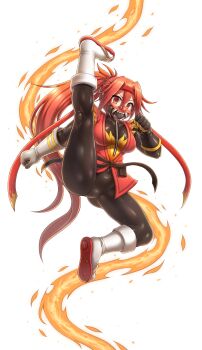 1girl absurdres armor asymmetrical_gloves black_gloves commission dougi emperpep fire full_body genderswap genderswap_(otf) gloves headband high_kick highres japanese_armor karate_gi kicking kneepits latex_pants long_hair looking_at_viewer mask menpoo mismatched_gloves pyro_(tf2) red_eyes red_hair red_pyro_(tf2) respirator sandals second-party_source shoe_soles simple_background solo tabi team_fortress_2 v-shaped_eyebrows very_long_hair white_background white_gloves zouri