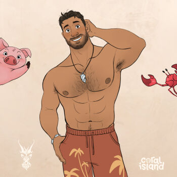 1boy abs armpit_hair armpit_hair_peek armpits bara beard brown_hair coral_island cowboy_shot crab dark-skinned_male dark_skin david_ardinaryas facial_hair full_beard hairy hand_on_own_head highres jewelry large_pectorals looking_at_viewer male_focus male_swimwear mature_male muscular muscular_male navel navel_hair necklace nipples official_art pectorals pig prototype_design rafael_(coral_island) shell shell_necklace short_hair shy smile solo sparse_chest_hair sparse_navel_hair standing stomach strongman_waist swim_trunks thick_eyebrows topless_male