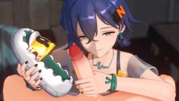 1boy 1girl 3d animated audible_speech belle_(zenless_zone_zero) blue_hair clothed_female_nude_male half-closed_eyes handjob hetero holding holding_shoes holding_unworn_clothes nude penis saucifer shoes smug sound tagme uncensored unworn_shoes video zenless_zone_zero