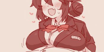 1boy 1girl blue_archive blush bow bowtie breast_press breasts collared_shirt commentary_request faceless faceless_female fang hair_bun handsfree_paizuri heart huge_breasts implied_paizuri jacket kaede_(blue_archive) kaede_(guide)_(blue_archive) lapels long_sleeves lowres maibotsumou monochrome name_tag oekaki open_mouth paizuri paizuri_under_clothes pov red_theme shirt short_hair sidelocks simple_background single_hair_bun skin_fang smile solo_focus sweat tegaki_draw_and_tweet