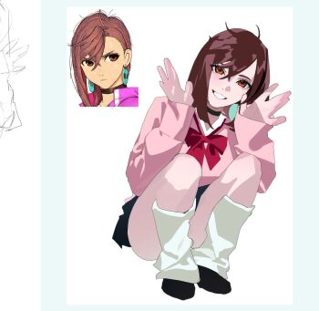 1girl ayase_momo black_choker black_shoes bow bowtie brown_hair choker collared_shirt crossed_bangs dandadan earrings full_body hair_between_eyes highres jewelry loose_socks medium_hair parted_lips pink_sweater pleated_skirt red_bow red_bowtie red_eyes reference_inset shirt shirt_under_sweater shoes skirt smile socks solo squatting sweater teeth white_background white_shirt wz_(woyzeck)