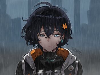 1girl absurdres ahoge artist_name belle_(zenless_zone_zero) black_shirt blue_eyes blue_hair chainsaw_man closed_mouth commentary earrings english_commentary glowing glowing_eyes gy_beth hair_between_eyes hair_ornament half-closed_eye highres hood hooded_jacket jacket jewelry letter_hair_ornament looking_at_viewer meme necklace night outdoors portrait rain reze&#039;s_eye_twitch_(chainsaw_man) scene_reference shirt short_hair single_earring sleeveless sleeveless_jacket solo straight-on turtleneck wet wet_clothes wet_face wet_hair zenless_zone_zero