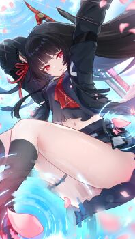 1girl absurdres arms_up black_hair black_jacket black_shirt black_skirt black_socks blue_sky breasts bright_pupils chisa_(wuthering_waves) commentary day hair_ribbon hashtag-only_commentary highres holding holding_sword holding_weapon id_card jacket long_hair looking_at_viewer m-1ng medium_breasts midriff mole mole_under_eye navel outdoors parted_lips pink_petals red_eyes red_ribbon ribbon shirt skirt sky socks solo sword thigh_strap thighs weapon white_pupils wuthering_waves