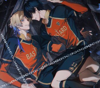 Rule 34 | 2boys, absurdres, adam's apple, antenna hair, bastard munchen soccer uniform, black hair, black shorts, black socks, blonde hair, blue hair, blue lock, boy on top, chain, commentary, eye contact, eyeliner, from side, highres, isagi yoichi, kneehighs, looking at another, makeup, male focus, michael kaiser, multicolored hair, multiple boys, pcal pcal, red eyeliner, short hair with long locks, shorts, smile, soccer uniform, socks, sportswear, straddling, two-tone hair, yaoi