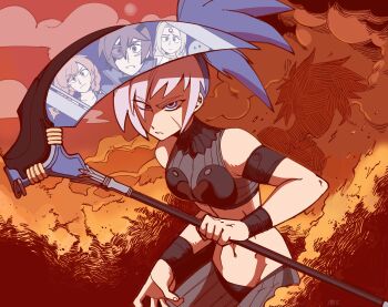 1boy 3girls absurdres aika_(eternal_arcadia) armband cupil eternal_arcadia fina_(eternal_arcadia) highres multicolored_hair multiple_girls navel piastol ragingbarbarians reflection scythe sega two-tone_hair vyse