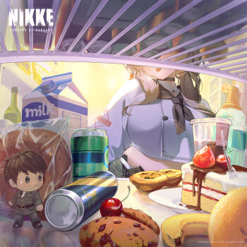 1boy 1girl banana black_choker bread bready_(nikke) breasts brown_hair cake can character_request cherry choker closed_mouth commander_(nikke) commentary cookie cup disposable_cup doll doll_(nikke) drink_can drink_carton english_commentary fat fat_woman food fork frown fruit glass_bottle goddess_of_victory:_nikke hiding highres indoors large_breasts long_hair long_sleeves milk_carton official_art orange_(fruit) refrigerator shirt short_hair soda_can strawberry strawberry_shortcake sweatdrop tongue tongue_out twintails white_shirt yellow_eyes