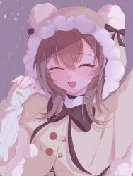 Rule 34 | 1girl, :d, animal hood, bear hood, brown capelet, buttons, capelet, closed eyes, crossed bangs, double-parted bangs, ebiii owo, hair between eyes, hand up, highres, hololive, hololive english, hood, hood up, nanashi mumei, nanashi mumei (casual), open mouth, pom pom (clothes), portrait, ribbon, sleeves past wrists, smile, snow, sweater, teeth, upper teeth only, virtual youtuber, white sweater