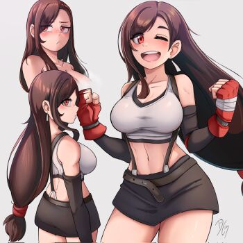 1girl bare_shoulders black_skirt blush breasts brown_hair cleavage clenched_hands collarbone commentary corrupted_twitter_file cowboy_shot crop_top dilan_griz earrings elbow_gloves english_commentary final_fantasy final_fantasy_vii fingerless_gloves gloves hands_up highres jewelry large_breasts long_hair looking_at_viewer midriff multiple_views navel one_eye_closed open_mouth parted_bangs pencil_skirt red_eyes red_gloves simple_background skirt smile suspender_skirt suspenders tank_top tifa_lockhart white_background white_tank_top