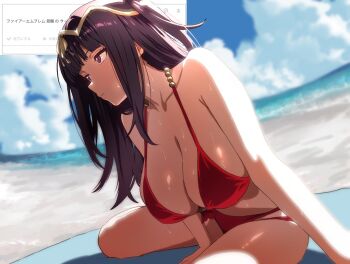 1girl ahonoko arm_support armpit_crease beach beach_towel bikini black_hair blue_sky blunt_bangs breasts circlet cleavage closed_mouth cloud collarbone day fire_emblem gold_circlet horizon large_breasts long_hair looking_ahead multi-strapped_bikini_bottom nintendo ocean on_ground outdoors purple_eyes red_bikini sitting sky solo sweat swimsuit tharja_(fire_emblem) tharja_(summer)_(fire_emblem) towel water yokozuwari