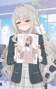 Rule 34 | 1girl, black bow, black bowtie, blue archive, blurry, blurry background, blush, bow, bow bra, bowtie, bra, breasts, cleavage, closed mouth, clothes lift, collared shirt, commentary request, embarrassed, floral print, floral print bra, floral print panties, green bow, green bowtie, green halo, grey hair, hair between eyes, hair bow, halo, highres, indoors, kurumi lm, large breasts, lingerie, long hair, miyo (blue archive), navel, nose blush, panties, print panties, shirt, shirt lift, shy, side-tie panties, signature, smile, solo, translation request, underwear, very long hair, wavy hair, white bow, white bra, white panties, white shirt, yellow eyes