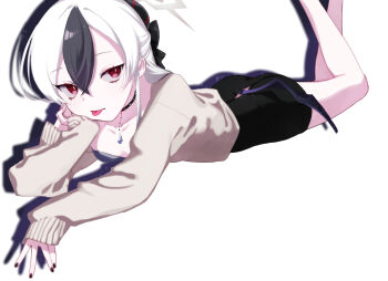 1girl :p ass black_bow black_choker black_dress black_hair black_nails blue_archive bow breasts bright_pupils brown_cardigan cardigan choker closed_mouth collarbone commentary_request demon_girl demon_horns demon_wings double-parted_bangs dress drop_shadow eyelashes feet_out_of_frame grey_halo hair_between_eyes hair_bow half_updo halo hand_on_own_cheek hand_on_own_face hand_up highres horns kayoko_(blue_archive) kayoko_(dress)_(blue_archive) kisaka legs_up looking_at_viewer low_wings lying multicolored_hair nail_polish official_alternate_costume official_alternate_hairstyle on_stomach open_cardigan open_clothes red_eyes short_dress simple_background single_wing sleeves_past_wrists slit_pupils small_breasts solo the_pose tongue tongue_out two-tone_hair upturned_eyes white_background white_hair white_pupils wings