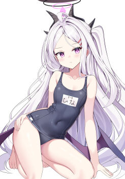 absurdres ahoge black_halo blue_archive blush breasts demon_girl demon_horns demon_wings halo highres hina_(blue_archive) hina_(swimsuit)_(blue_archive) horns long_hair looking_at_viewer low_wings old_school_swimsuit purple_eyes school_swimsuit simple_background small_breasts sob_(submar1089) swimsuit very_long_hair white_background white_hair wings