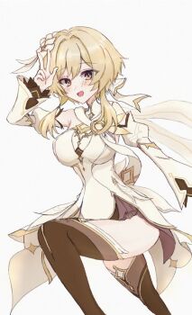 1girl :d arm_up armpit_crease bare_shoulders blonde_hair breasts brown_thighhighs coattails commentary_request detached_sleeves dress feet_out_of_frame flower genshin_impact hair_flower hair_intakes hair_ornament hair_ribbon juliet_sleeves kamosikadesuyo knee_up large_breasts light_blush long_sleeves looking_at_viewer lumine_(as_heaven_and_earth_are_made_anew)_(genshin_impact) lumine_(genshin_impact) mandarin_collar open_mouth puffy_sleeves ribbon short_dress short_hair_with_long_locks simple_background smile solo tailcoat thighhighs w white_background white_dress white_flower yellow_eyes zettai_ryouiki