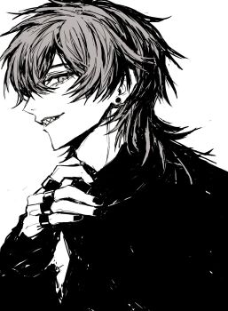 1boy earrings fingernails from_side greyscale hand_up highres jacket jewelry long_sleeves looking_at_viewer male_focus medium_hair monochrome multiple_rings original profile ring sharp_teeth simple_background smile solo stud_earrings teeniika teeth upper_body white_background