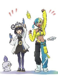 2girls aqua_hair arm_up bandeau belt black_belt black_dress black_hair black_mask black_pants blonde_hair blue_eyes blue_gloves blue_pants blunt_bangs blush bob_cut breasts canari_(pokemon) candle closed_mouth coat criss-cross_straps dark-skinned_female dark_skin dress fire gen_4_pokemon gen_5_pokemon gloves gradient_hair gwynn_(pokemon) hat highres jacket litwick long_sleeves looking_at_viewer mask mask_pull mega_stone mouth_mask multicolored_hair multiple_girls navel nemimin nintendo o-ring o-ring_belt open_clothes open_coat open_mouth pants pantyhose partially_fingerless_gloves pokemon pokemon_(creature) pokemon_legends:_z-a purple_eyes purple_hair rotom rotom_phone short_hair short_twintails simple_background smile split-color_hair sports_bra twintails two-tone_hair two-tone_mask two-tone_pants tynamo white_background white_coat yellow_bandeau yellow_eyes yellow_jacket yellow_mask yellow_sports_bra