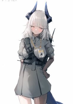 1girl arknights blue_horns blue_tail blush breasts brown_gloves brown_pantyhose closed_mouth collared_shirt commentary cosplay dated dragon_girl dragon_horns dragon_tail elbow_gloves franka_(arknights) franka_(arknights)_(cosplay) gloves grey_shirt grey_skirt hand_on_own_hip highres horns lanyard liskarm_(arknights) looking_at_viewer medium_breasts medium_hair pantyhose pink_eyes pleated_skirt pppmepl shirt simple_background single_leg_pantyhose skirt solo tail white_background white_hair