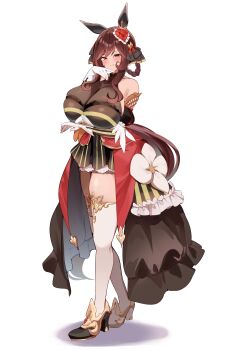 1girl absurdres animal_ears black_ribbon breasts brown_hair closed_mouth commentary_request commission ear_covers full_body gentildonna_(regina_dei_fiori)_(umamusume) gentildonna_(umamusume) gloves hair_ribbon highres horse_ears horse_girl horse_tail huge_breasts looking_at_viewer medium_hair ribbon simple_background skeb_commission smile smoke_klll solo standing tail thighhighs thighs umamusume white_background white_gloves white_thighhighs