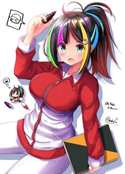 Rule 34 | 1girl, aqua eyes, black hair, blonde hair, blue hair, chibi, commentary request, green hair, hair ornament, high ponytail, highres, holding, holding pen, holding sketchbook, jacket, jikkyou powerful pro yakyuu, kuroto mone, mokufuu, multicolored hair, multicolored jacket, multiple views, open mouth, paint palette hair ornament, pants, pen, ponytail, power pro appli, red jacket, shirt, signature, sketchbook, solo, speech bubble, thought bubble, track jacket, translation request, two-tone jacket, white pants, white shirt