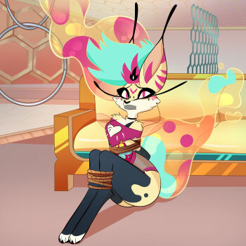 absurdres artnagi bdsm beelzebub_(helluva_boss) bondage bound gag hellaverse helluva_boss highres improvised_gag kidnapped queen_bee_(helluva_boss) scared tape tape_gag tied_up_(nonsexual)