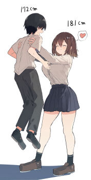 1boy 1girl absurdres black_hair black_pants black_shoes black_skirt breasts brown_hair brown_shoes button_gap closed_eyes garanasour heart height height_difference highres large_breasts lifting_person long_sleeves medium_hair original pants shadow shirt shirt_tucked_in shoes short_sleeves simple_background skirt smile spoken_heart tall_female white_background white_shirt