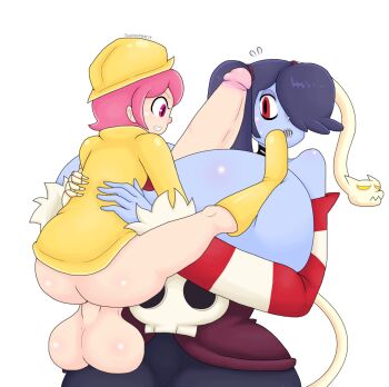 1futa 1girl age_difference ass bottomless breasts clothed_sex colored_skin english_text futa_with_female futanari gigantic_breasts grabbing_another's_breast groping highres huge_ass huge_penis huge_testicles loli looking_at_penis medium_hair paizuri penis pink_eyes pink_hair purple_hair purple_skin red_eyes simple_background size_difference skull skullgirls smile speech_bubble squigly_(skullgirls) testicles touhoufan twintails umbrella_(skullgirls) white_background