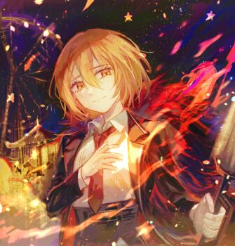 1girl absurdres black_coat blonde_hair closed_mouth coat commentary_request don_quixote_(project_moon) dress_shirt highres huanxue light_smile limbus_company long_sleeves necktie open_clothes open_coat orange_eyes partial_commentary project_moon red_necktie shirt short_hair white_shirt