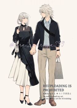 1boy 1girl bag black_dress braid braided_hair_rings casual commentary_request contemporary couple dress grey_hair hair_rings handbag high_heels highres jacket kaine_(nier) kurosawa_kazuto looking_at_another nier nier_(brother) nier_(brother)_(post_timeskip) nier_(series) open_collar shopping_bag simple_background smile white_background