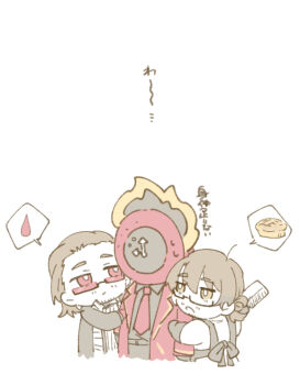 Rule 34 | 1other, 2boys, absurdres, ahoge, alternate costume, apron, arm hug, bags under eyes, beard stubble, belt, black-framed eyewear, black-framed glasses, black belt, black coat, black fire, black gloves, black pants, black shirt, black suit, blood, blood drop, brown apron, brown gloves, brown hair, chibi, cleaver, clock, closed mouth, coat, collared shirt, colored extremities, colored skin, dante (limbus company), elbow gloves, expressionless, facial hair, fire, food, forehead, formal clothes, from behind, from side, glasses, gloves, gregor (project moon), hair between eyes, hair bun, hair slicked back, height difference, high collar, highres, holding, holding cleaver, holding knife, holding weapon, hug, jitome, kitchen knife, knife, la manchaland (identity) (project moon), lily26983455, limbus company, limited palette, long hair, long sleeves, looking at another, looking down, looking up, low ponytail, male focus, multiple boys, necktie, object head, official alternate costume, open clothes, open mouth, other focus, pants, parted bangs, pie, pinstripe pattern, ponytail, project moon, r.b. (identity) (project moon), red-tinted eyewear, red coat, red eyes, red hands, red necktie, red skin, ribbed shirt, ribbon, sanpaku, scarf, semi-rimless eyewear, shirt, short hair, simple background, speech bubble, spoken blood, spoken food, stole, striped clothes, striped scarf, stubble, suit, sunglasses, sweat, sweatdrop, sweater, tinted eyewear, turtleneck, turtleneck sweater, under-rim eyewear, upper body, weapon, white background, white scarf, white shirt, white stole, white sweater, yellow fire, yellow trim