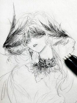 1girl absurdres art_tools_in_frame beads choker covered_eyes crimson_feather_(infinity_nikki) cropped_torso earrings expressionless feather_hair_ornament feather_trim feathers greyscale hair_beads hair_ornament head_tilt highres infinity_nikki jewelry liangyi_yuehua lipstick long_hair makeup monochrome neck nib_pen_(medium) nikki_(series) parted_lips pen_(medium) photo_(medium) sketch solo teeth traditional_media watermark weibo_watermark
