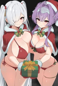 2girls ahoge alternate_costume asymmetrical_docking bell bikini black_background blush bow bowtie box breast_press breasts capelet cinderella_(nikke) cleavage closed_mouth commentary cowboy_shot crossed_bangs english_commentary front-tie_bikini_top front-tie_top fur-trimmed_capelet fur-trimmed_gloves fur-trimmed_headwear fur_trim gift gift_box gloves goddess_of_victory:_nikke green_bow green_bowtie hair_intakes hair_over_one_eye hat heart highres holding holding_gift huge_ahoge jingle_bell large_breasts liberalio_(nikke) long_hair looking_at_viewer medium_breasts mistletoe multiple_girls navel neck_bell pom_pom_(clothes) purple_hair red_bikini red_capelet red_eyes red_gloves red_hat ring_light_reflection santa_costume santa_hat side-tie_bikini_bottom sidelocks simple_background smile standing steaming_body striped_bow striped_bowtie striped_clothes swimsuit thigh_gap thigh_strap twintails two-tone_bow two-tone_bowtie uzzy2801 very_long_hair white_hair yellow_bow yellow_bowtie