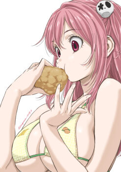 1girl breasts cleavage dead_or_alive eating hirake_goma honoka_(doa) large_breasts long_hair official_alternate_costume pink_hair red_eyes sideboob solo underboob