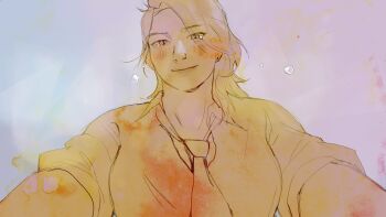 Rule 34 | 1girl, absurdres, angela he, breasts, collared shirt, hair over one eye, highres, looking at viewer, messy hair, necktie, non-web source, official art, pov, sepia, shirt, short hair, smile, solo, stop burying me alive beautiful!, tears, upper body