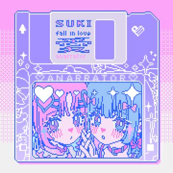 2girls :o animated animated_gif apangbai_(anarrator) apron artist_name belt belt_buckle belt_collar blue_eyes blue_hair blunt_bangs blush bow bow_earrings buckle chinese_commentary closed_mouth collar collared_shirt commentary_request earrings frilled_apron frilled_shirt_collar frills game_cartridge gradient_background hair_bow hair_ornament hairclip heads_together heart heart_hair_ornament highres holding_hands interlocked_fingers jewelry light_frown limited_palette long_hair multicolored_eyes multiple_girls open_mouth original parted_bangs parted_lips pastel_colors pink_background pink_belt pink_bow pink_eyes pink_hair pink_shirt pixel_art shirt smile sparkle sparkling_eyes two-tone_eyes upper_body white_background