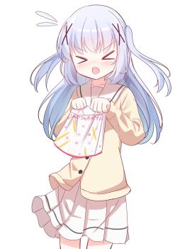 &gt;_&lt; 1girl :o absurdres blue_hair blush cardigan closed_eyes cowboy_shot foot_out_of_frame gochuumon_wa_usagi_desu_ka? hair_ornament haruiroha hashtag-only_commentary highres holding kafuu_chino long_hair long_sleeves nose_blush open_mouth pleated_skirt sailor_collar school_uniform serafuku skirt solo two_side_up v-shaped_eyebrows white_background white_sailor_collar x_hair_ornament