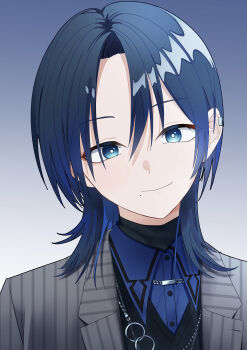 Rule 34 | 1girl, absurdres, black sweater, blue background, blue eyes, blue hair, blue shirt, collared shirt, earclip, gradient background, grey background, grey jacket, highres, hiodoshi ao, hiodoshi ao (1st costume), hololive, hololive dev is, jacket, jewelry, looking at viewer, medium hair, mochi (mochinoirasuto), necklace, pinstripe jacket, pinstripe pattern, shirt, solo, suit jacket, sweater, v-neck, virtual youtuber