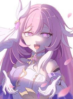 1girl bare_shoulders breasts commentary_request corset diamond-shaped_pupils diamond_(shape) elysia_(herrscher_of_human:_ego)_(honkai_impact) elysia_(honkai_impact) hair_ornament highres honkai_(series) honkai_impact_3rd large_breasts long_hair looking_at_viewer multicolored_hair open_mouth pink_hair purple_eyes simple_background solo symbol-shaped_pupils triquetra tukuyo_t two-tone_hair upper_body very_long_hair white_background white_corset white_hair