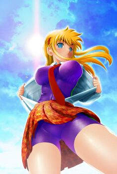 1girl absurdres blonde_hair blue_eyes blush bodysuit breasts closed_mouth cloud collared_shirt commentary_request covered_navel from_below fuurinji_miu highres large_breasts long_hair matsuena_shun miniskirt necktie official_art open_clothes open_shirt pleated_skirt purple_bodysuit red_necktie red_skirt school_uniform shijou_saikyou_no_deshi_ken'ichi shirt skirt sky solo standing sun taut_bodysuit thighs undressing unitard v-shaped_eyebrows white_shirt