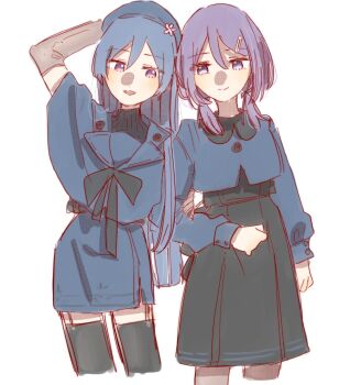 2girls akashi_manaka arm_at_side arm_up assault_lily beret black_dress black_thighhighs blue_eyes blue_hat blue_jacket blue_skirt brown_gloves brown_pantyhose buttons closed_mouth commentary cowboy_shot cropped_legs dress elbow_gloves flower garter_straps gloves hair_between_eyes hair_ornament hairclip hand_on_headwear hand_up hat hat_flower highres jacket locked_arms long_hair long_sleeves looking_at_viewer low_twintails medium_hair miniskirt multiple_girls pantyhose parted_lips pink_flower purple_eyes purple_hair rui_rui_rui0122 side-by-side simple_background skirt smile standing thighhighs twintails very_long_hair watanabe_akane white_background