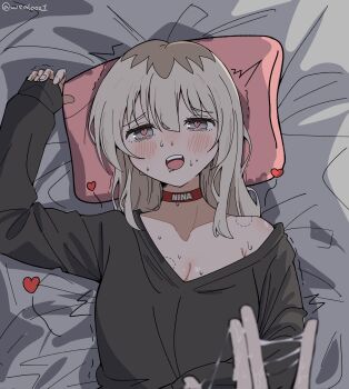 2girls after_fingering bite_mark bite_mark_on_breast bite_mark_on_shoulder black_shirt blush breasts choker cleavage commentary female_pov girls_band_cry grey_eyes grey_hair hashtag-only_commentary heart heart-shaped_pupils highres iseri_nina kawaragi_momoka long_hair multicolored_hair multiple_girls open_mouth pov pov_hands pussy_juice pussy_juice_on_fingers red_choker roots_(hair) saliva shirt sleeves_past_wrists solo_focus symbol-shaped_pupils trembling weabooz yuri