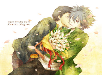 Rule 34 | 1boy, black hair, black hoodie, black pants, blush, bouquet, brown pants, character name, closed eyes, closed mouth, collared shirt, commentary request, falling petals, flower, green shirt, grey hair, hair between eyes, happy birthday, hisui yuu, holding, holding bouquet, hood, hood down, hoodie, ikari shinji, kiss, kissing cheek, male focus, musical note, nagisa kaworu, neon genesis evangelion, one eye closed, open mouth, pants, petals, pink petals, red eyes, shirt, short hair, solo, white flower, white shirt, yaoi, yellow pants