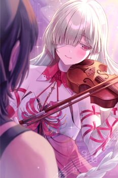 2girls bandage_over_one_eye bandaged_arm bandages bare_shoulders black_hair braid breasts closed_mouth colored_eyelashes commentary_request female_rover_(wuthering_waves) grey_hair highres instrument light_blush long_hair looking_to_the_side medium_breasts multiple_girls music phrolova_(wuthering_waves) playing_instrument red_eyes rover_(wuthering_waves) shikuwata smile solo_focus tacet_mark_(wuthering_waves) violin wuthering_waves