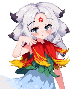 Rule 34 | 1girl, 999 (hansode), blue skirt, blush stickers, colored tips, cowboy shot, expressionless, facial mark, forehead mark, grey eyes, houjuu chimi, leaf clothing, long hair, looking at viewer, multicolored hair, pixel art, shirt, simple background, skirt, sleeveless, sleeveless shirt, solo, touhou, white background, white hair