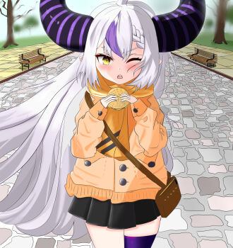 1girl bag bench black_skirt blurry blurry_background blush braid burger buttoned_cuffs buttons dot_nose fang floating_hair food handbag hands_up highres holding holding_burger holding_food hololive horns jacket la+_darknesss long_sleeves looking_at_viewer medium_eyebrows multicolored_hair one_eye_closed open_mouth orange_jacket outdoors park_bench pleated_skirt pocket pointy_ears purple_hair purple_thighhighs scarf single_braid single_thighhigh skirt slit_pupils solo straight-on streaked_hair thighhighs trapezoid_moid virtual_youtuber white_hair wind winter_clothes yellow_eyes yellow_scarf yoko-chan_(mijizukeyoko) zettai_ryouiki