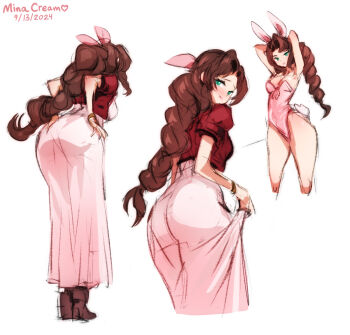 1girl 2024 aerith_gainsborough animal_ears armpits arms_behind_head artist_name ass bent_over boots braid braided_ponytail breasts brown_hair cleavage dated dress fake_animal_ears fake_tail female_focus final_fantasy final_fantasy_vii green_eyes hair_ribbon hands_on_own_hips highleg highleg_leotard huge_ass legs leotard long_hair mina_cream multiple_views pink_dress pink_leotard playboy_bunny rabbit_ears rabbit_tail ribbon seductive_gaze seductive_smile sideboob smile solo square_enix strapless strapless_leotard tail thighs