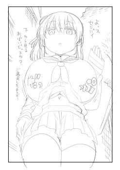 1girl :o breasts cleavage cool-kyou_shinja greyscale hair_between_eyes highres huge_breasts long_hair long_sleeves looking_at_viewer monochrome neckerchief niyodogawa_yuzu no_dickey open_mouth original outdoors pleated_skirt sailor_collar school_uniform serafuku side_ponytail sidelocks sketch skirt sleeves_past_wrists solo thighhighs translation_request underboob zettai_ryouiki