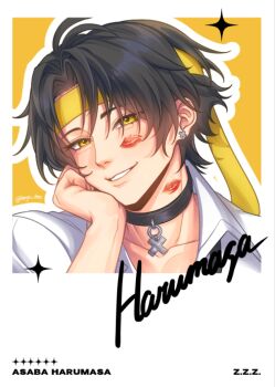 1boy asaba_harumasa black_hair border character_name choker commentary copyright_name earrings english_commentary half-closed_eyes haryu_chee head_rest jewelry lipstick_mark lipstick_mark_on_face lipstick_mark_on_neck looking_at_viewer male_focus outline parted_bangs parted_lips portrait short_hair solo sparkle white_border white_outline yellow_background yellow_eyes zenless_zone_zero