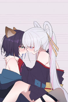 2girls after_kiss animal_ears blue_eyes blush chibi cho_kaguya-hime! colored_inner_hair commentary_request grey_thighhighs highres long_hair multicolored_hair multiple_girls off_shoulder open_mouth pink_hair runami_yachiyo sakayori_iroha saliva saliva_trail short_hair thighhighs twintails white_hair yun_cao_bing yuri