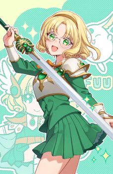 1girl armor blonde_hair bow bowtie brown_bow brown_bowtie brown_hairband character_name commentary_request cowboy_shot from_side glasses green_eyes green_shirt green_skirt hairband highres holding holding_sword holding_weapon hououji_fuu long_sleeves looking_at_viewer looking_to_the_side magic_knight_rayearth masami_(souzou_jinsei_sanka) mokona open_mouth pauldrons pleated_skirt round_eyewear shirt shoulder_armor single_pauldron skirt solo sword weapon