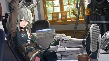 Rule 34 | 1girl, animal ears, arknights, armor, black gloves, black shoes, black vest, brown jacket, chair, clipboard, commentary request, crossed ankles, cup, day, desk, desk lamp, drink, full body, gloves, grani (arknights), grey hair, hair between eyes, highres, indoors, infection monitor (arknights), jacket, knee pads, lamp, legs on table, long hair, long sleeves, looking at viewer, mug, on chair, one eye closed, paper, partial commentary, purple eyes, sentou kouhei kitsune, shoe soles, shoes, solo, spanish flag, steam, stretching, trophy, vest, window