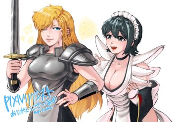 apron armor black_hair blonde_hair blue_eyes blush breastplate breasts choker cleavage commentary_request crossover curvy epochekhe flipped_hair frilled_leotard frills hair_ornament highres huge_breasts iroha_(samurai_spirits) janne_d'arc japanese_clothes lace-trimmed_apron lace_trim large_breasts leotard lips long_hair maid maid_headdress maid_leotard open_mouth pantyhose pauldrons samurai_spirits short_hair shoulder_armor smile snk sword thighhighs thighs unconventional_maid vambraces weapon world_heroes yuri